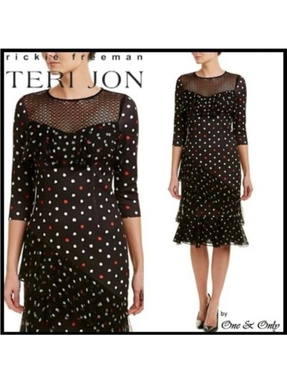 Teri Jon Polka Dots Dress Black Lace Ruffles Sheath Midi Flamenco Modest Event